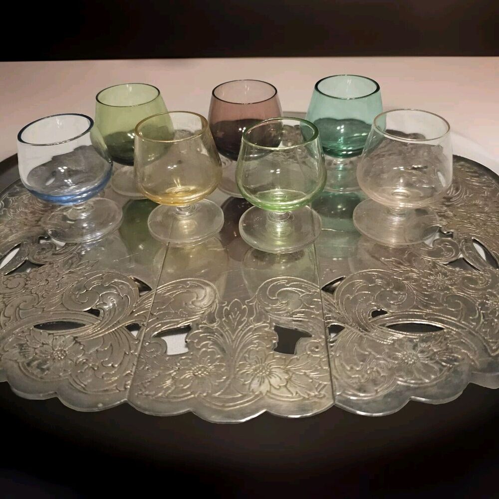 Vintage Art Deco Mini Brandy Snifter Cordial Glasses Multicolor MCM Set of 7